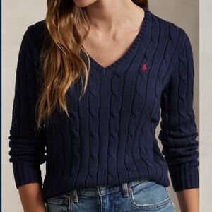 Ralph Lauren Navy Pima Cotton Cableknit V-Neck Sweater (M)